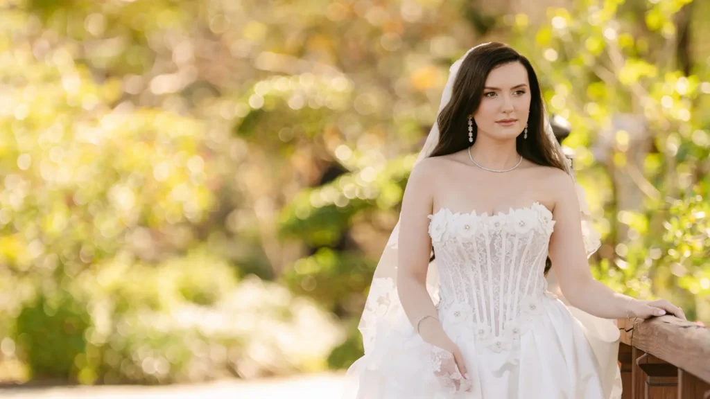 South Florida bride wearing bellami hair extensions at Morikami Museum in Palm Beach County, Florida