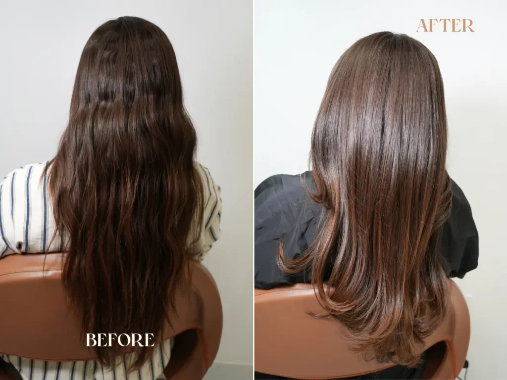 Before and after of a balayage or highlights made by Jess Bonilla Beauty at a hair salon in Boca Raton