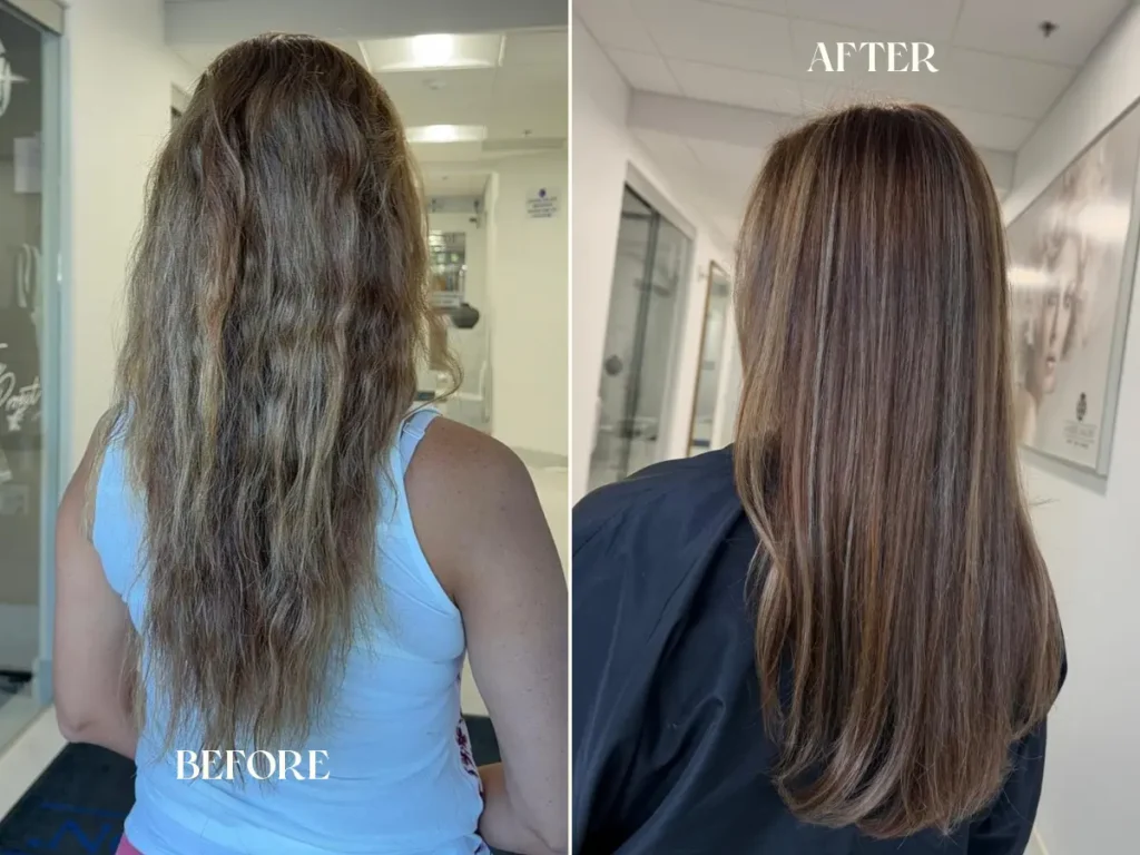 Before and after highlights and lowlights with toner, gloss, haircut, and blowout at Jess Bonilla Beauty in Boca Raton